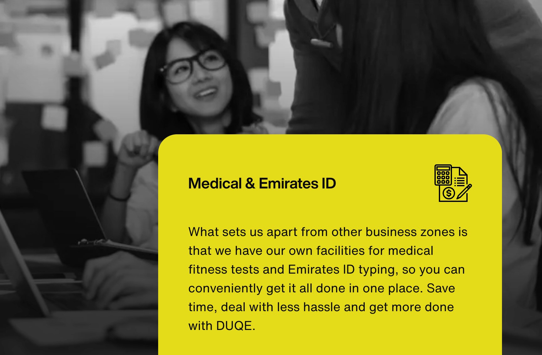 An infographic from DUQE, describing their Medical &amp; Emirates ID services. 