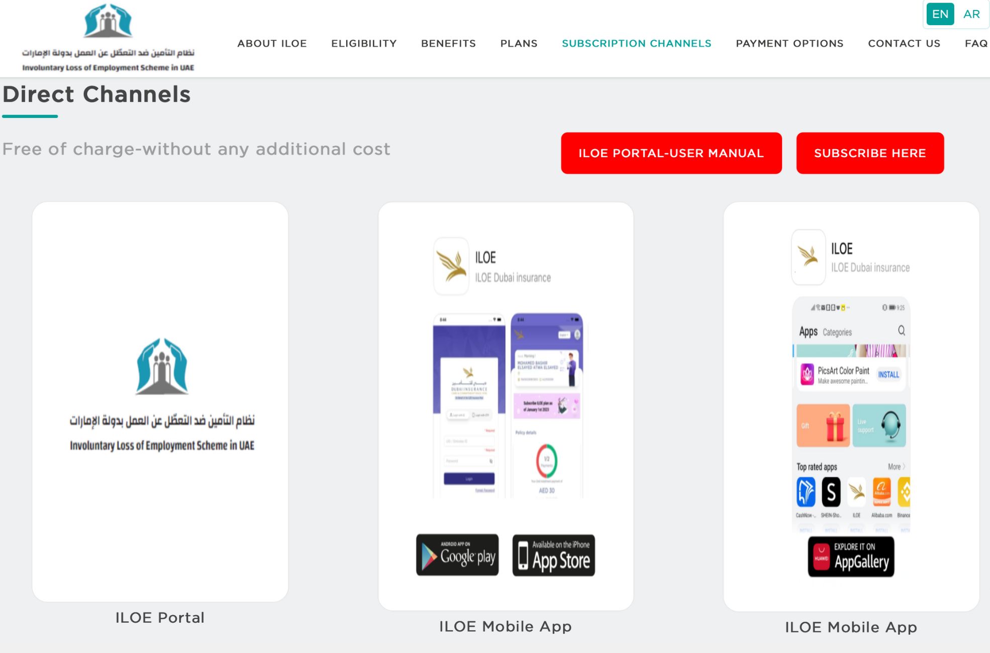 Screenshot Of ILOE Webpage, showing the ILOE Dubai Insurance app for both Apple and Google Play users.