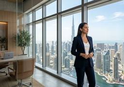 A female DUQE employee ready to help her clients obtain their free zone visa in the UAE.