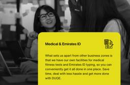 An infographic from DUQE, describing their Medical & Emirates ID services.