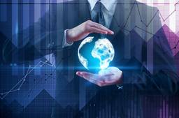 Businessman Holding Globe, Background Of Trade Figures