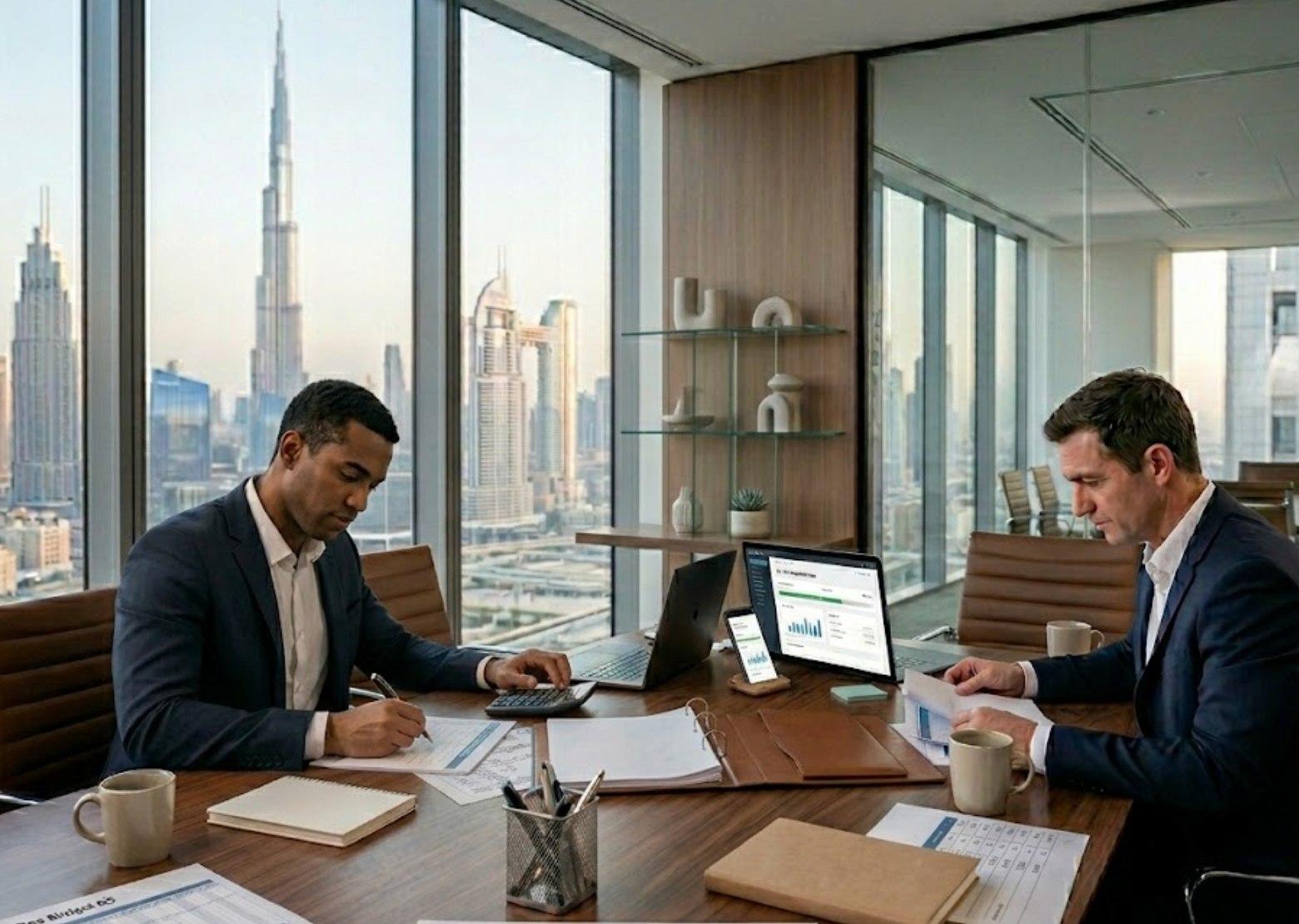 Business professional reviewing VAT registration documents at a desk with a laptop.